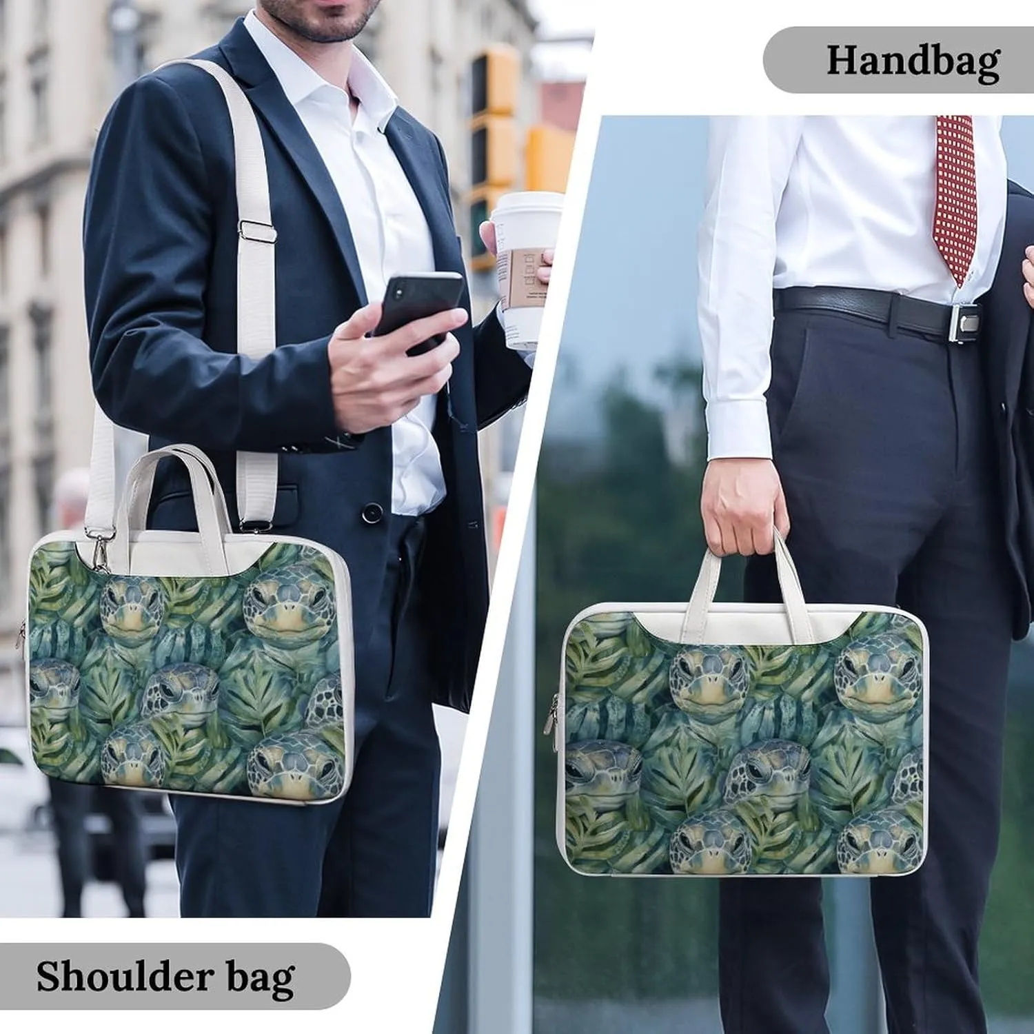 Green Turtles in Monstera Leather Bag Laptop Case Slim Water Resistant Computer Bags with Handle Briefcase for Work