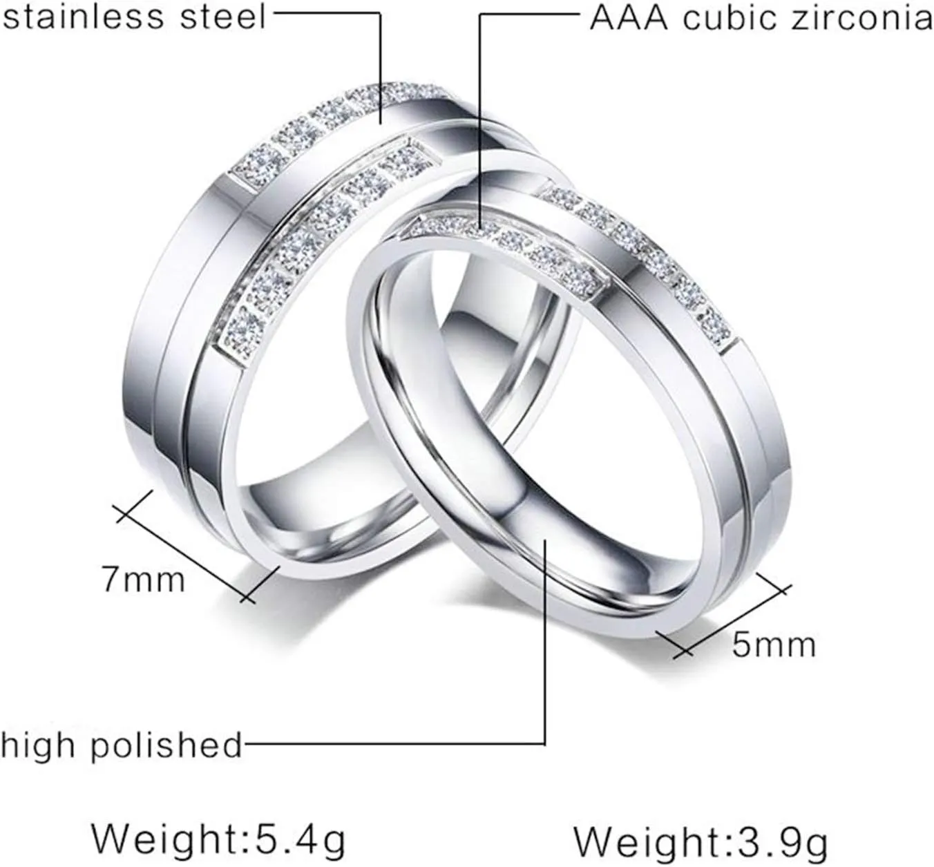 Gualiy Couples Promise Rings Stainless Steel 5/7MM Cubic Zirconia High Polished Wedding Rings and Engagement Rings Silver Rings Size 6-11