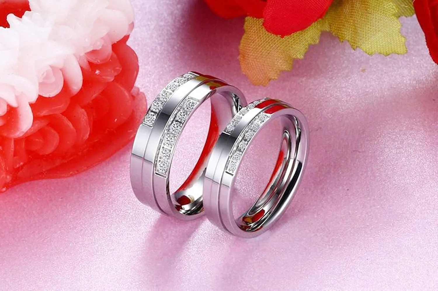 Gualiy Couples Promise Rings Stainless Steel 5/7MM Cubic Zirconia High Polished Wedding Rings and Engagement Rings Silver Rings Size 6-11