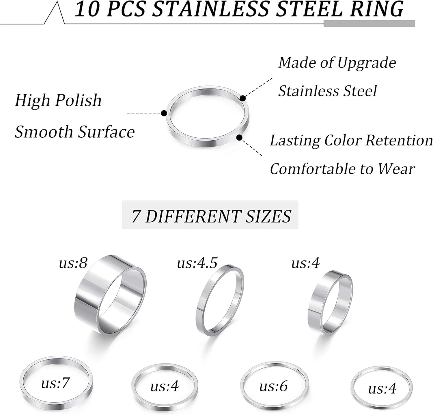 HAIAISO 8-10 Pcs Knuckle Rings Set Stainless Steel Ring Simple Smooth Finger Stackable Rings Set for Women Plain Band Rings