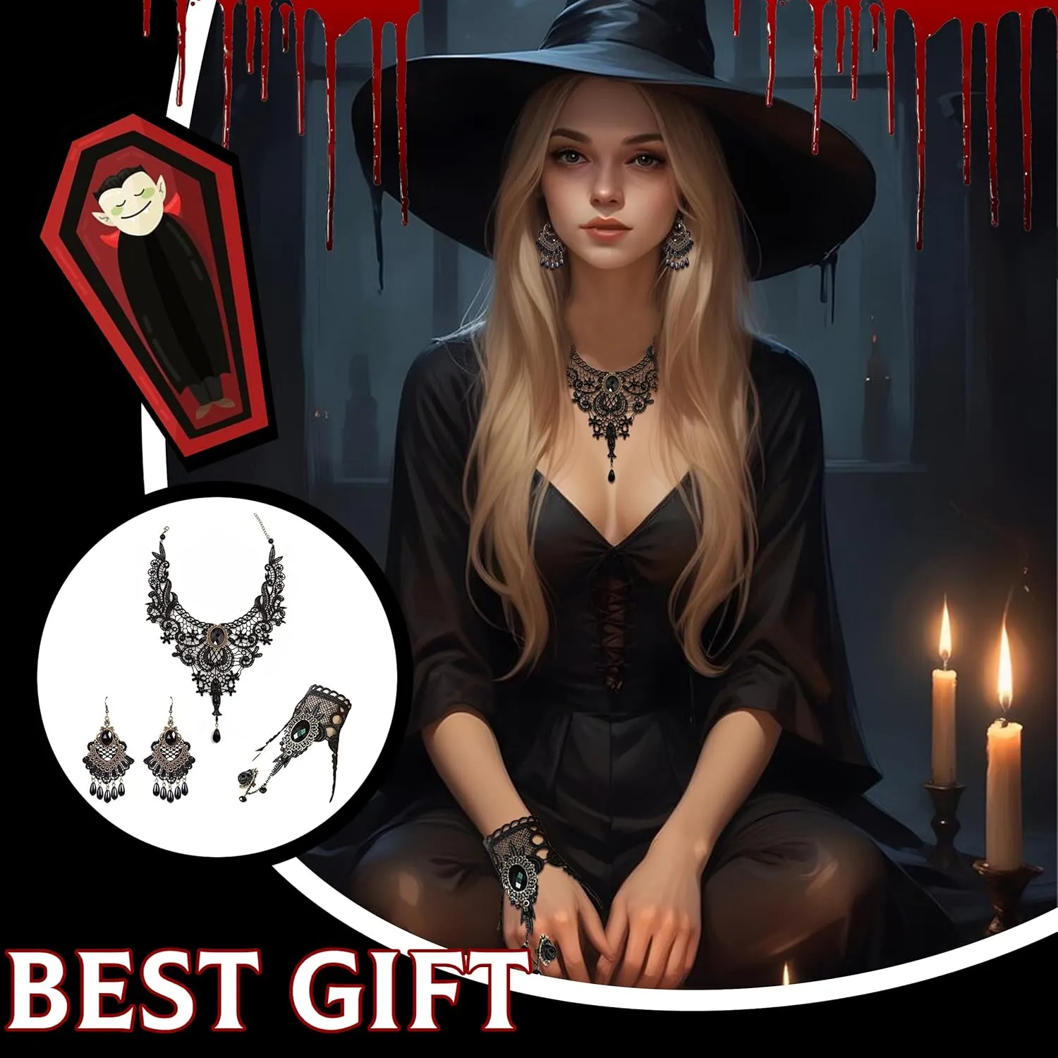 Halloween Black Choker Earrings Bracelet Set Witch Costume Women Gothic Accessories Vintage Goth Jewelry Set Black Ring Gloves Vampire Choker Necklace Halloween Costume