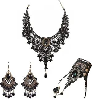 Halloween Black Choker Earrings Bracelet Set Witch Costume Women Gothic Accessories Vintage Goth Jewelry Set Black Ring Gloves Vampire Choker Necklace Halloween Costume