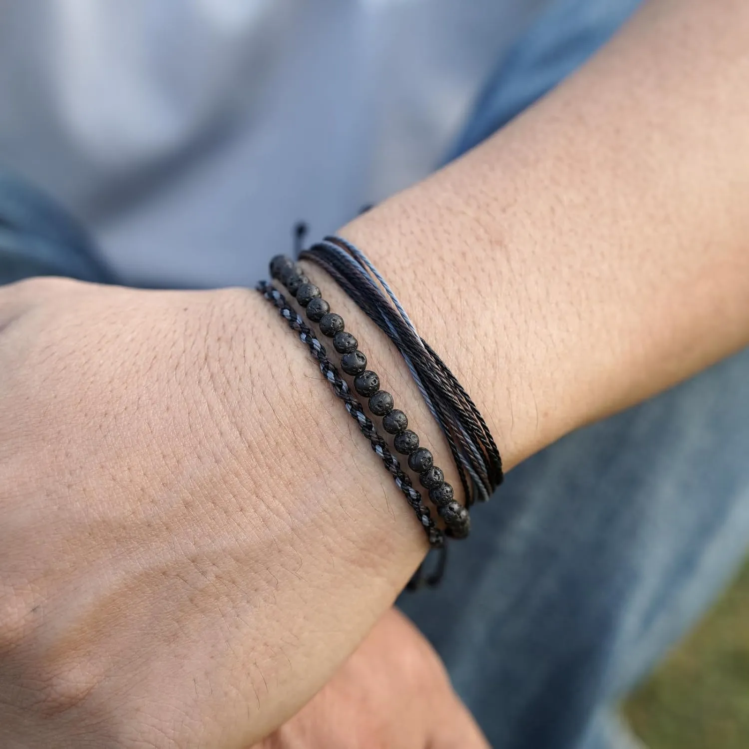 Handmade Natural Stone Beaded Healing Bracelet Gift for Men Adjustable Rope String Bracelet (Lava Rock, Adjustable)
