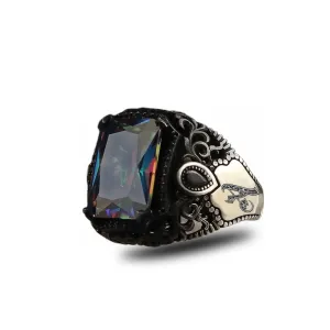 Handmade Personalized Men Silver Ring 925 Solid Sterling Silver Mystic Topaz Stone Men's Ring Handcrafted Customizable Letter Ring Monogram Silver Ring Gift for Him Gift for Men Boyfriend Gift
