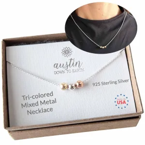 Handmade Tri Tone Necklace Tricolor Necklaces for Women Sterling Silver Layered Necklace Silver Choker with Rose Gold and Gold Adjustable Length (18-20 inches adjustable)