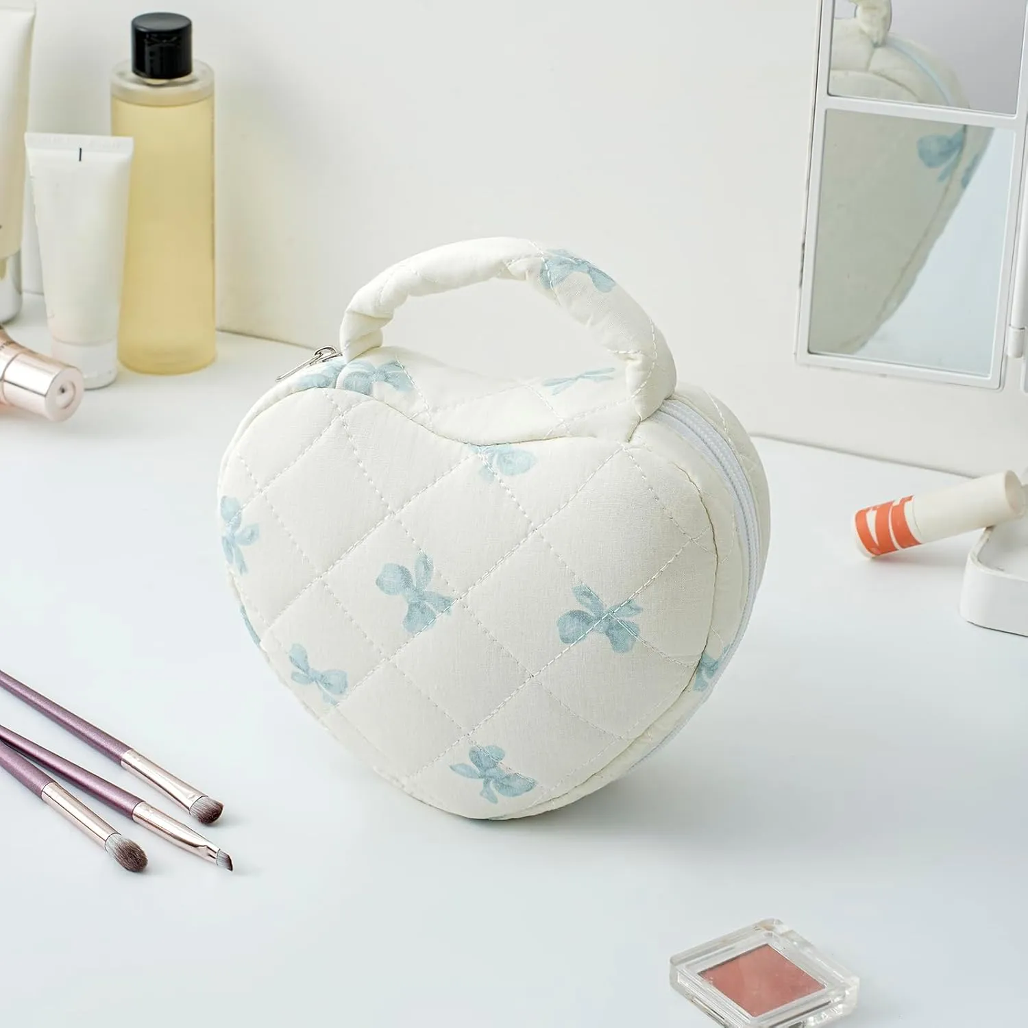 Heart Shaped Floral Cosmetic Bag Cotton Makeup Bag for Women, Travel Quilted Zipper Make Up Bag with Handle, Flowers Toiletry Organizer Case Makeup Cosmetic Travel Cloth Pouch (Blue Bow Tie)