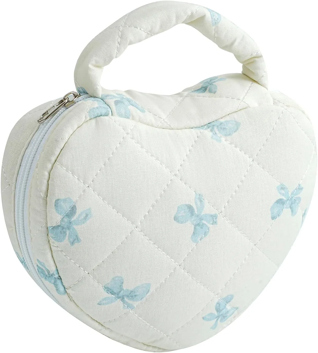 Heart Shaped Floral Cosmetic Bag Cotton Makeup Bag for Women, Travel Quilted Zipper Make Up Bag with Handle, Flowers Toiletry Organizer Case Makeup Cosmetic Travel Cloth Pouch (Blue Bow Tie)