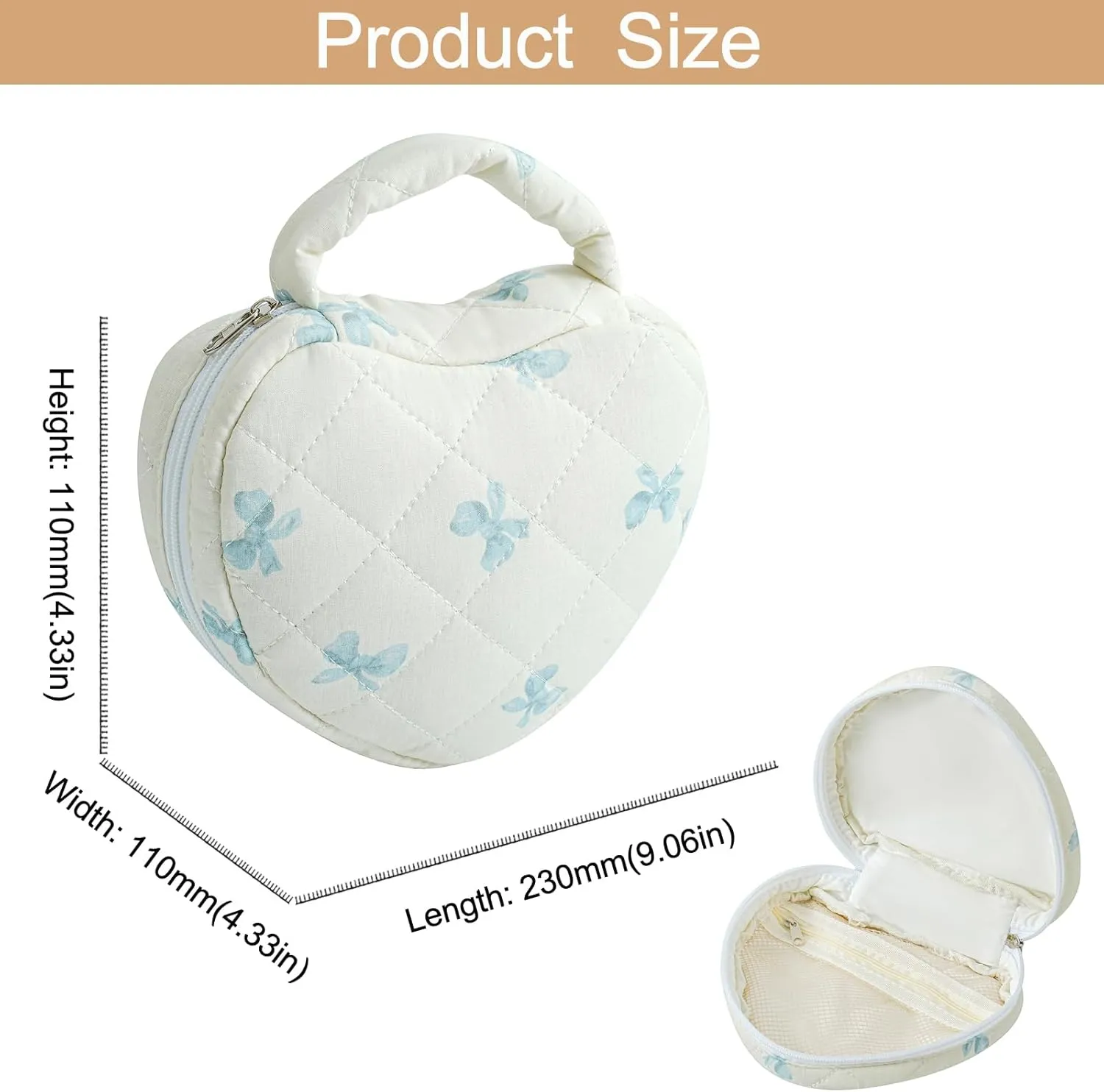 Heart Shaped Floral Cosmetic Bag Cotton Makeup Bag for Women, Travel Quilted Zipper Make Up Bag with Handle, Flowers Toiletry Organizer Case Makeup Cosmetic Travel Cloth Pouch (Blue Bow Tie)