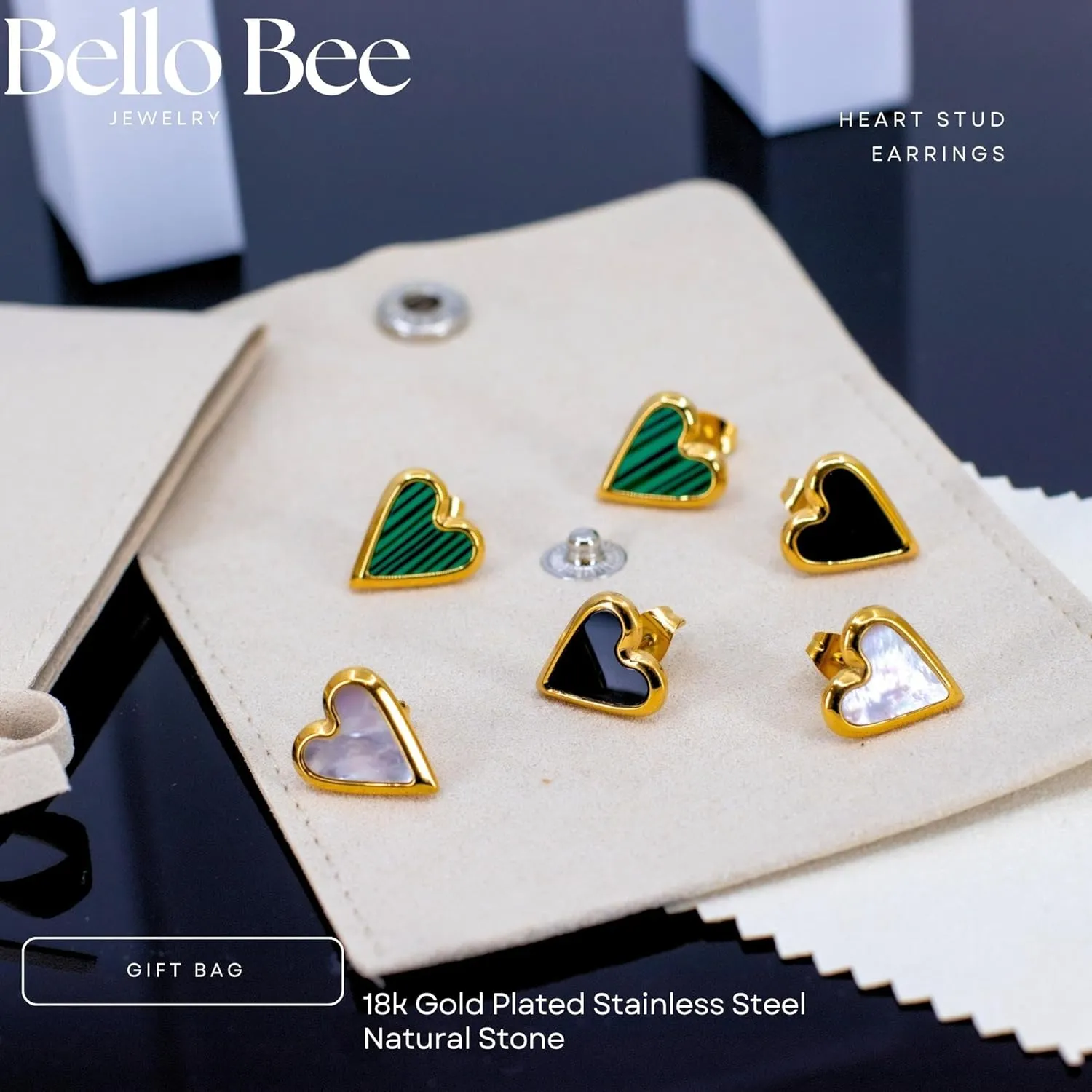 Heart Stud Earrings 18k Gold Plated Stainless Steel Natural Stone White Shell Green Malachite Black Shell For Women and Girls