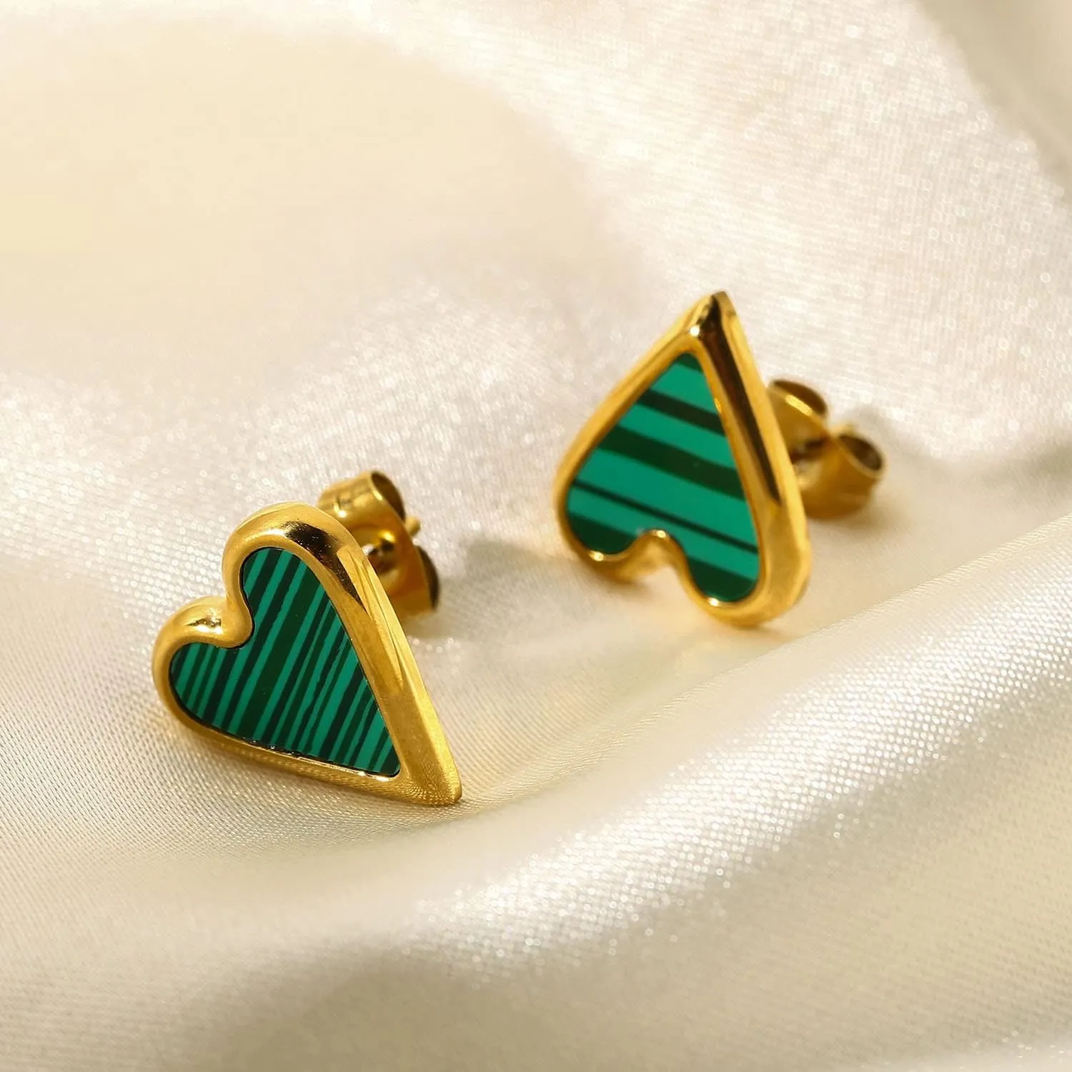 Heart Stud Earrings 18k Gold Plated Stainless Steel Natural Stone White Shell Green Malachite Black Shell For Women and Girls
