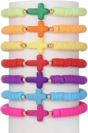 Heishi Surfer Bracelets Set for Women Girls Bohemian Rainbow Stackable Clay Beaded Bracelets Christian Cross Gifts Disc Stretch Preppy Layering Colorful Friendship Summer Beach Bracelets