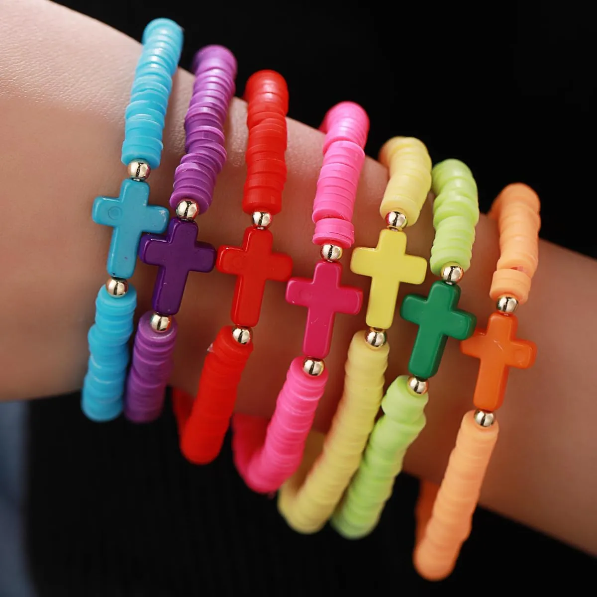 Heishi Surfer Bracelets Set for Women Girls Bohemian Rainbow Stackable Clay Beaded Bracelets Christian Cross Gifts Disc Stretch Preppy Layering Colorful Friendship Summer Beach Bracelets