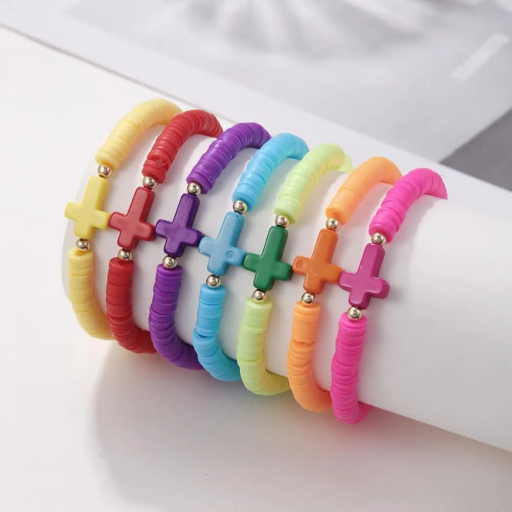 Heishi Surfer Bracelets Set for Women Girls Bohemian Rainbow Stackable Clay Beaded Bracelets Christian Cross Gifts Disc Stretch Preppy Layering Colorful Friendship Summer Beach Bracelets