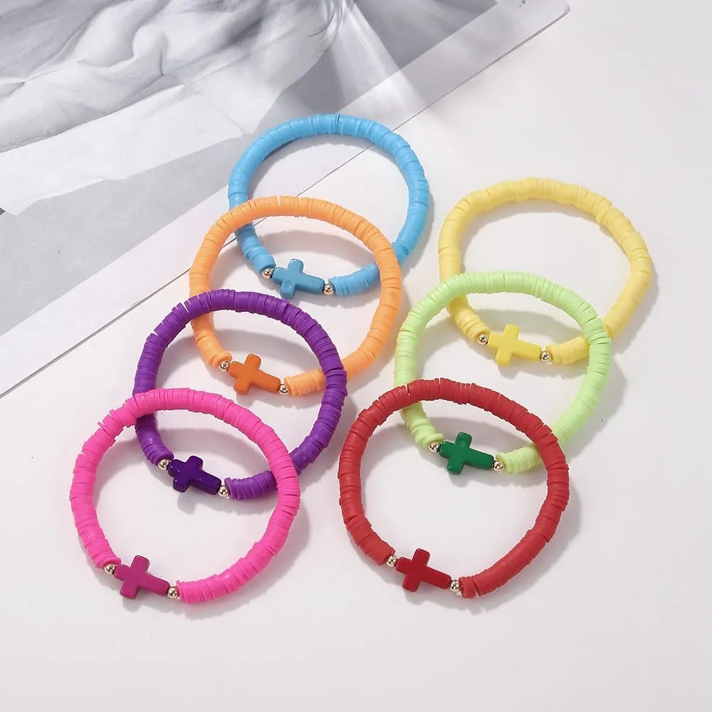 Heishi Surfer Bracelets Set for Women Girls Bohemian Rainbow Stackable Clay Beaded Bracelets Christian Cross Gifts Disc Stretch Preppy Layering Colorful Friendship Summer Beach Bracelets