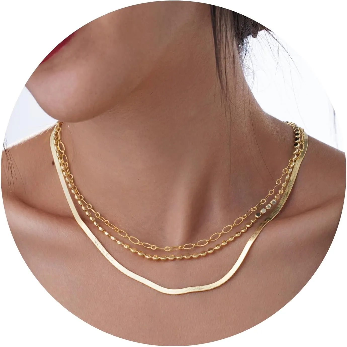 Herringbone Cuban Chains 14K Gold Plated Layered Necklace for Women Adjustable Lengths Trendy Stackable Jewelry Dainty Gold Necklaces Set Choker Simple Gold Layered Necklaces Hypoallergenic