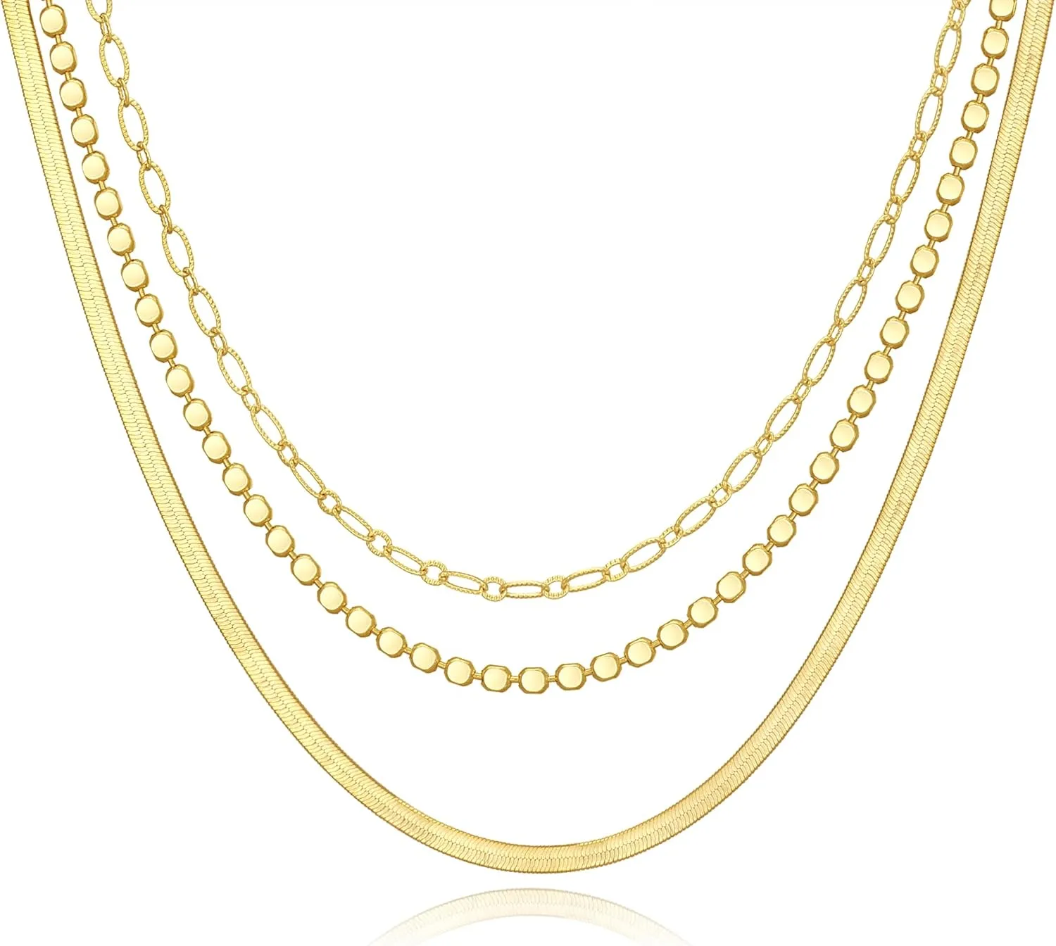 Herringbone Cuban Chains 14K Gold Plated Layered Necklace for Women Adjustable Lengths Trendy Stackable Jewelry Dainty Gold Necklaces Set Choker Simple Gold Layered Necklaces Hypoallergenic