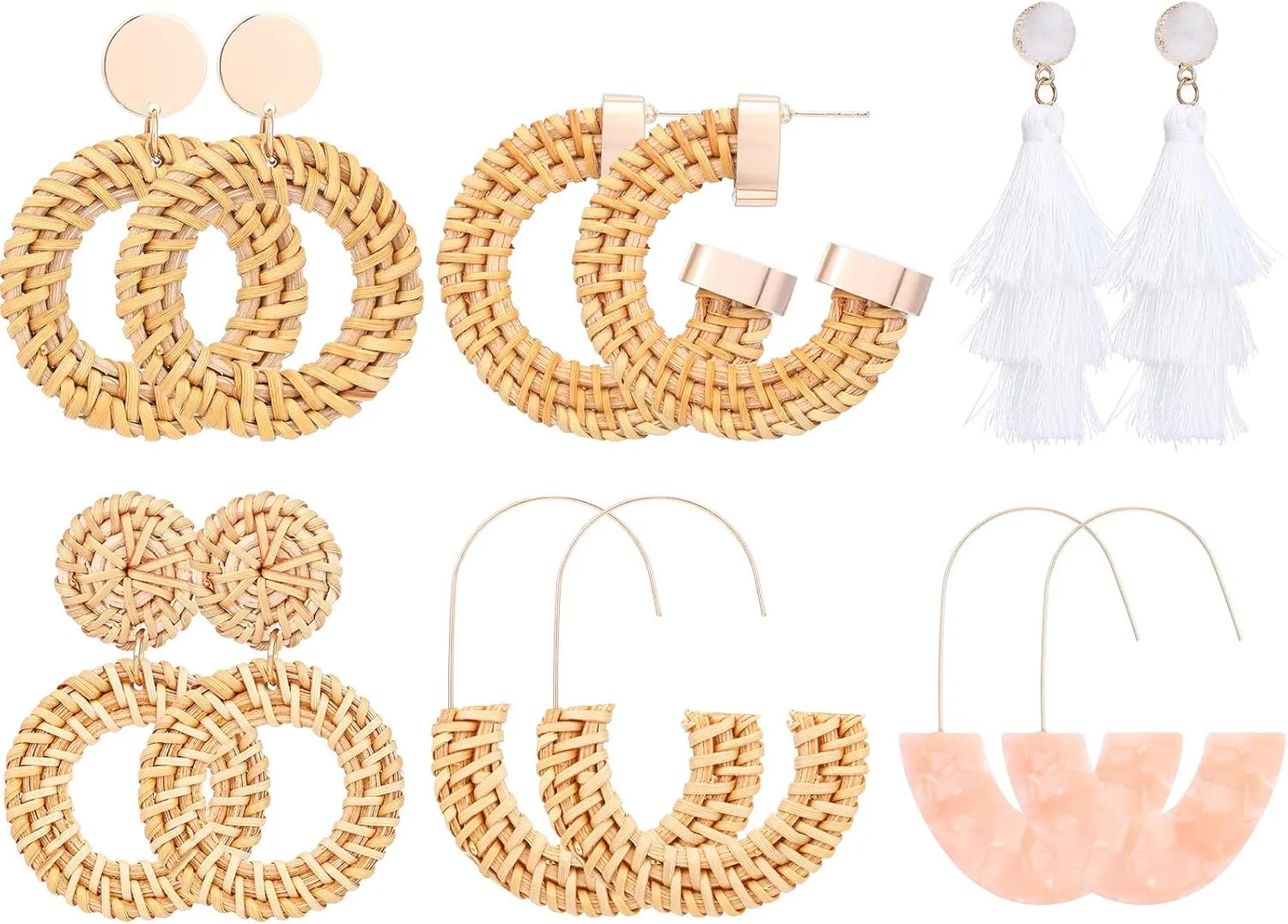 Hicarer 6 Pair Rattan Earrings Straw Tassel Bohemian Earrings for Girl Women Summer Beach Party