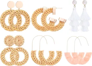 Hicarer 6 Pair Rattan Earrings Straw Tassel Bohemian Earrings for Girl Women Summer Beach Party