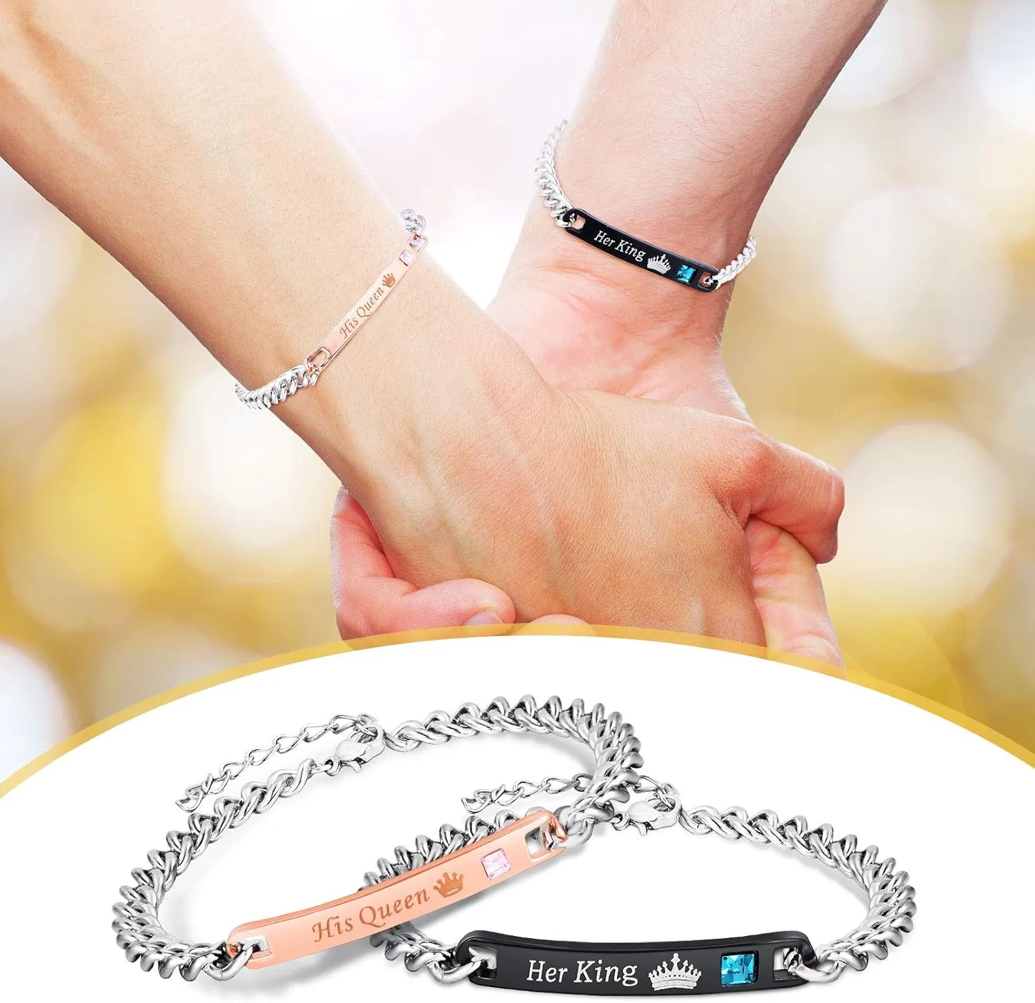 Hicarer 8 Pcs Couples Necklace Bracelet Matching Ong Distance Touch Necklace Her King His Queen I Love You Necklaces Jewelry Set for Bf Gf Women Men Wedding Bridal Gift