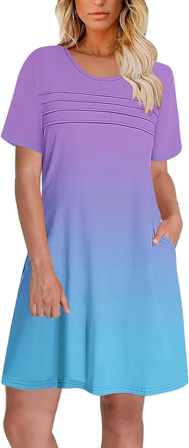 hlysgo Summer Dresses for Women 2025 Trendy Tie-Dye Print Short Sleeve Crew Neck Ruched Dress Beach Mini Dress with Pockets
