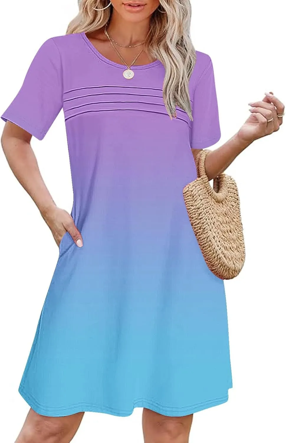 hlysgo Summer Dresses for Women 2025 Trendy Tie-Dye Print Short Sleeve Crew Neck Ruched Dress Beach Mini Dress with Pockets