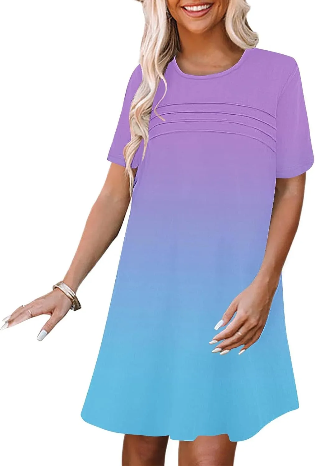 hlysgo Summer Dresses for Women 2025 Trendy Tie-Dye Print Short Sleeve Crew Neck Ruched Dress Beach Mini Dress with Pockets
