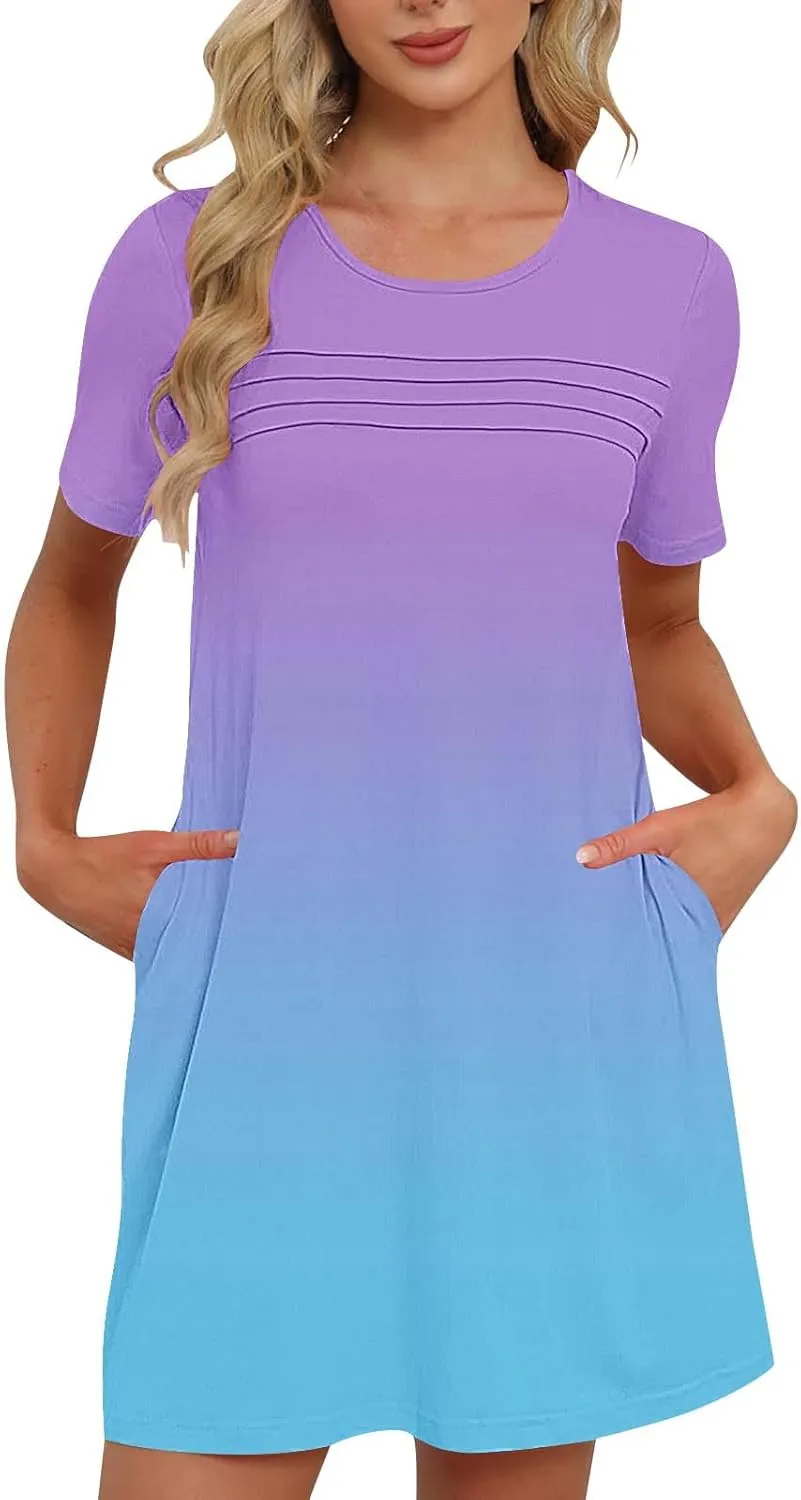 hlysgo Summer Dresses for Women 2025 Trendy Tie-Dye Print Short Sleeve Crew Neck Ruched Dress Beach Mini Dress with Pockets