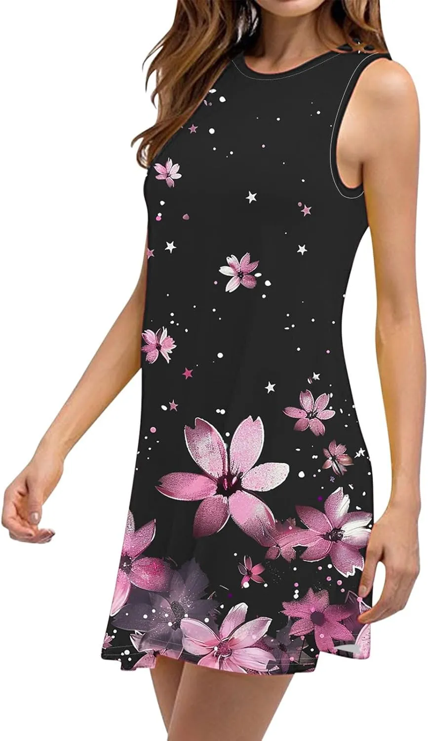 hlysgo Sundresses for Women 2025 Summer Sleeveless Beach Mini Dresses Trendy Floral Print Coverup Tank Dress with Pockets
