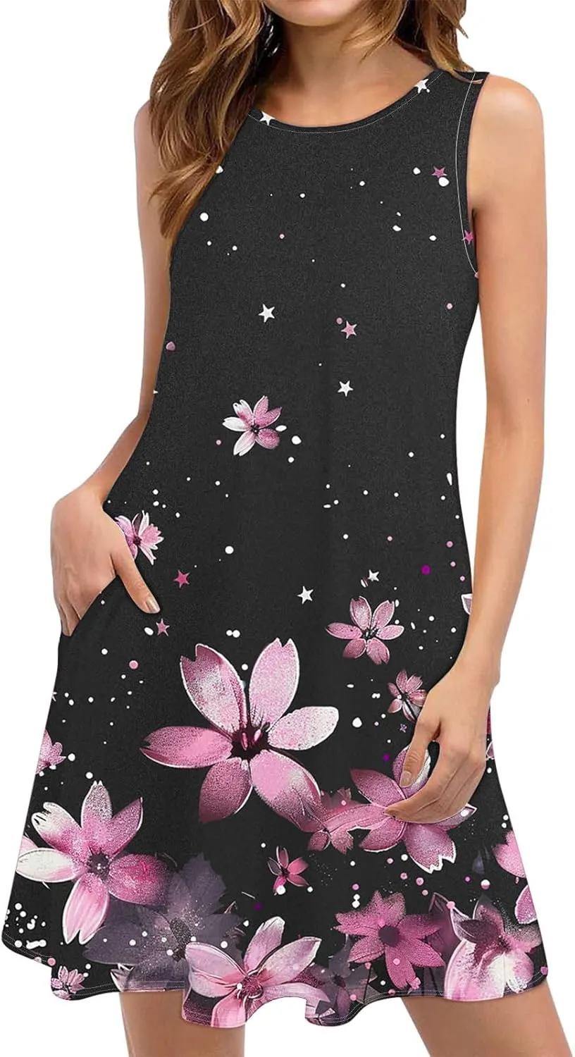 hlysgo Sundresses for Women 2025 Summer Sleeveless Beach Mini Dresses Trendy Floral Print Coverup Tank Dress with Pockets