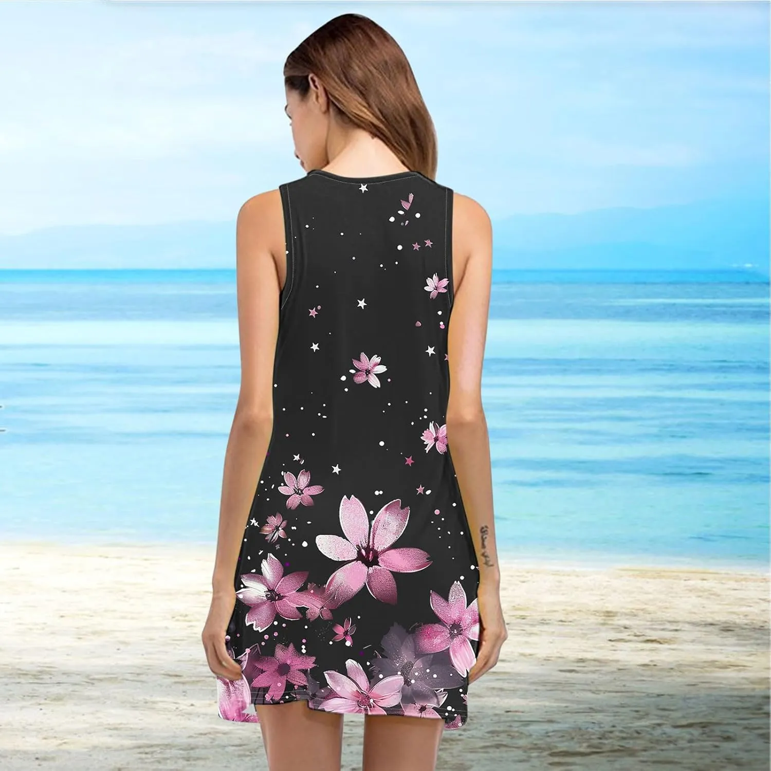 hlysgo Sundresses for Women 2025 Summer Sleeveless Beach Mini Dresses Trendy Floral Print Coverup Tank Dress with Pockets
