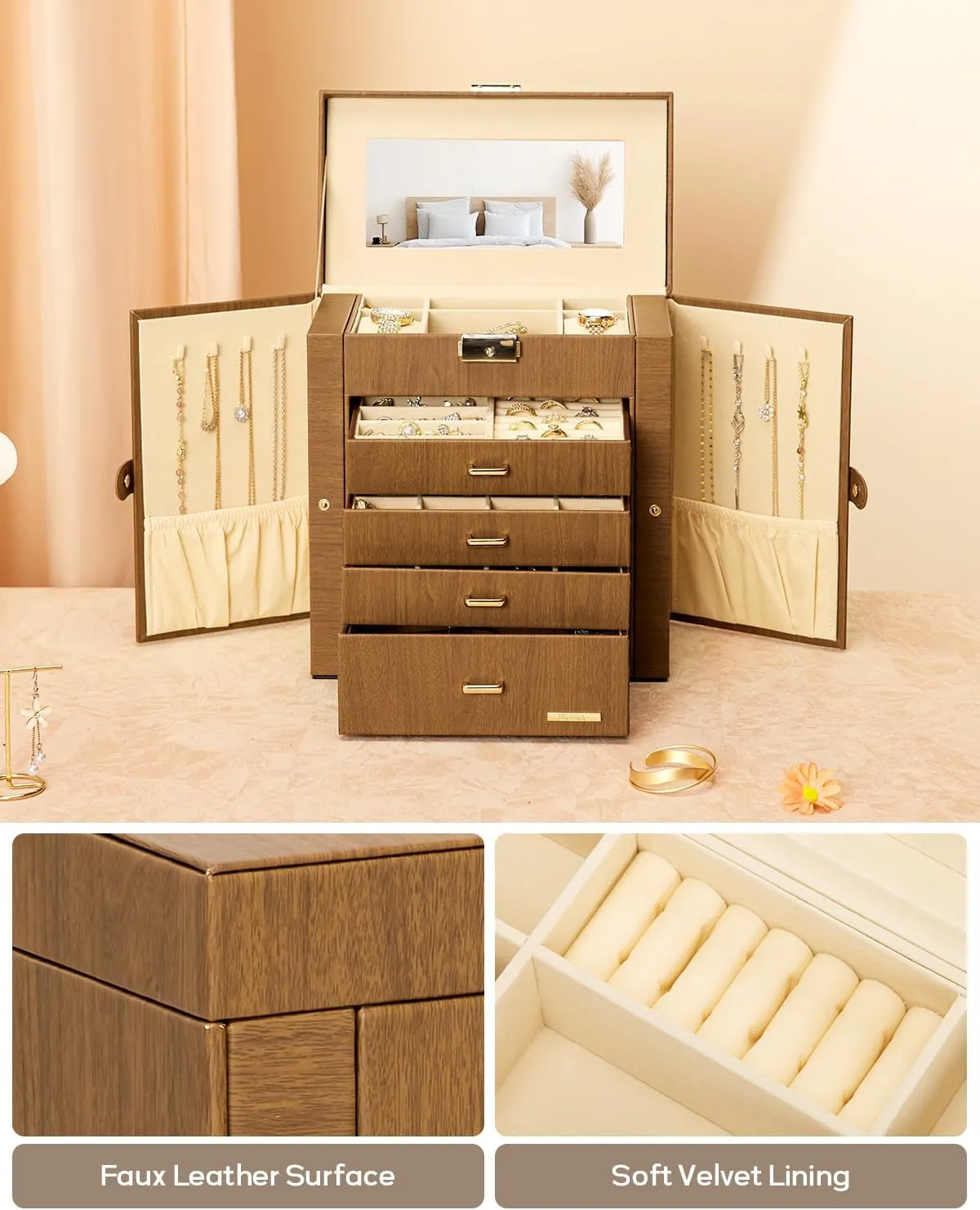 Homde Mother's Day Gifts Synthetic Leather Huge Jewelry Box Mirrored Watch Organizer Necklace Ring Earring Storage Lockable Gift Case (Brown   Gold)