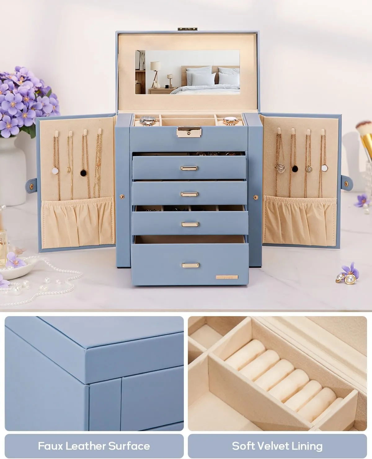 Homde Mother's Day Gifts Synthetic Leather Huge Jewelry Box Mirrored Watch Organizer Necklace Ring Earring Storage Lockable Gift Case (Grey Blue   Gold)