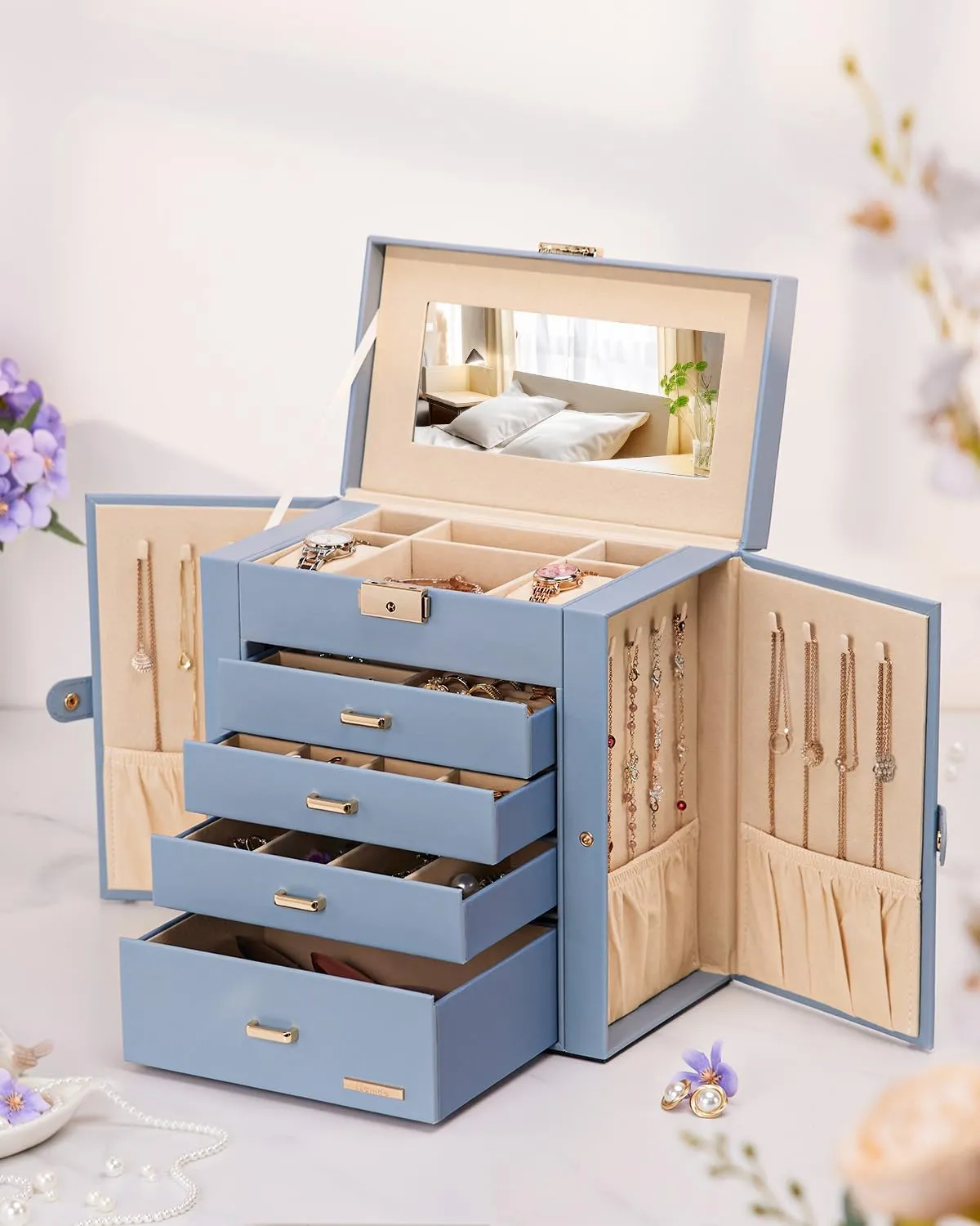 Homde Mother's Day Gifts Synthetic Leather Huge Jewelry Box Mirrored Watch Organizer Necklace Ring Earring Storage Lockable Gift Case (Grey Blue   Gold)