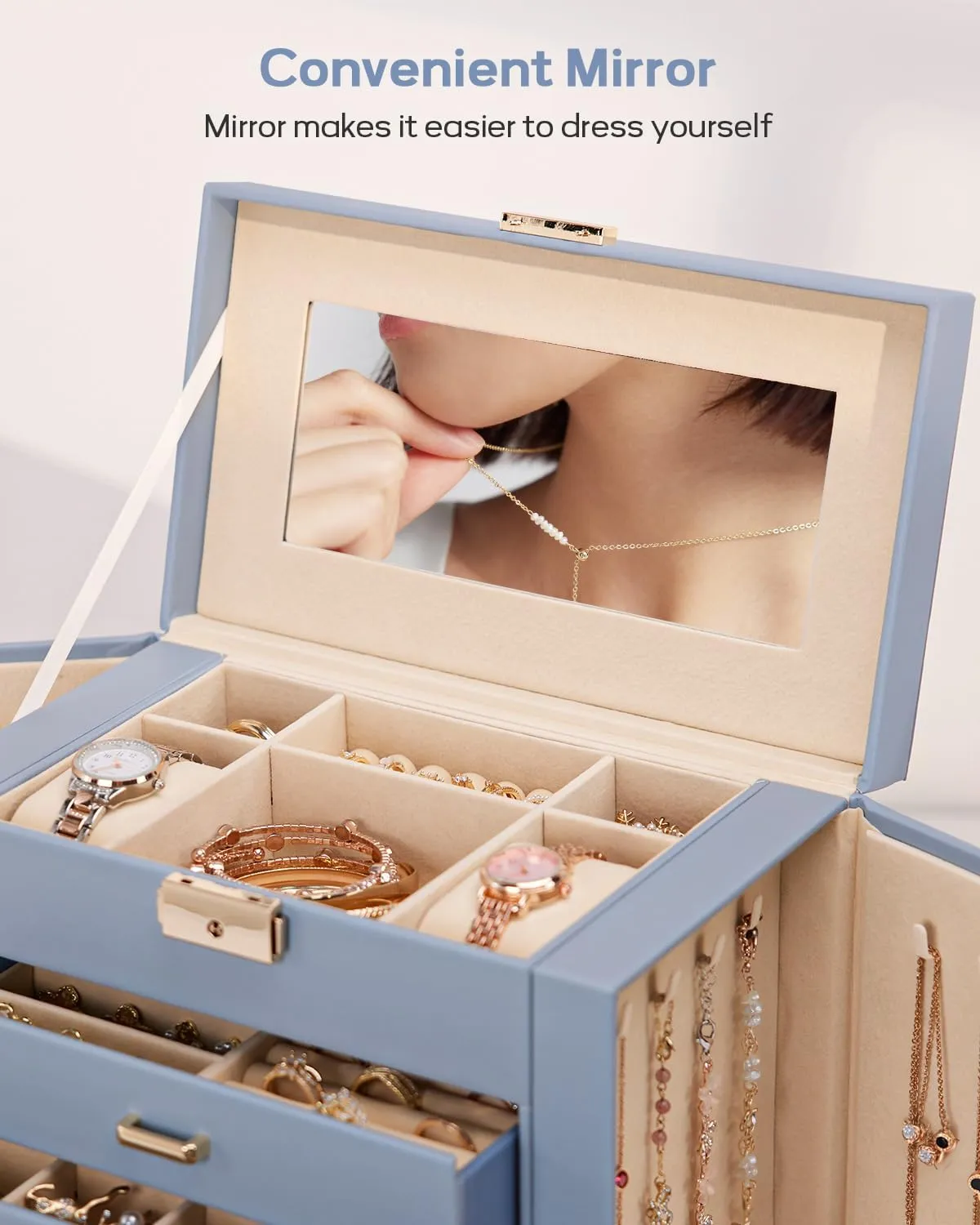 Homde Mother's Day Gifts Synthetic Leather Huge Jewelry Box Mirrored Watch Organizer Necklace Ring Earring Storage Lockable Gift Case (Grey Blue   Gold)