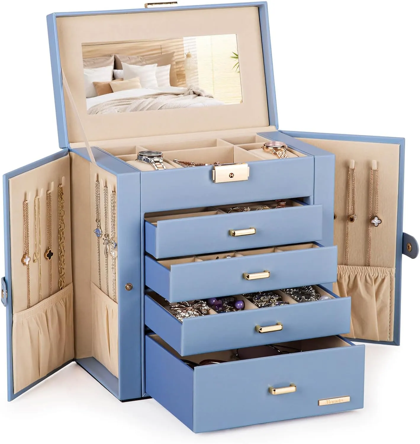 Homde Mother's Day Gifts Synthetic Leather Huge Jewelry Box Mirrored Watch Organizer Necklace Ring Earring Storage Lockable Gift Case (Grey Blue   Gold)