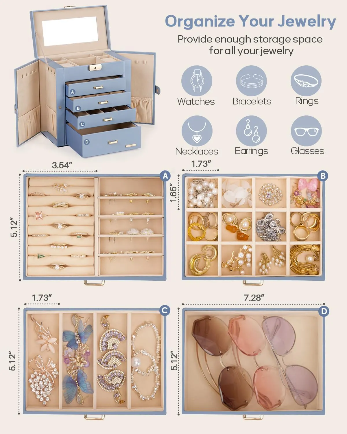 Homde Mother's Day Gifts Synthetic Leather Huge Jewelry Box Mirrored Watch Organizer Necklace Ring Earring Storage Lockable Gift Case (Grey Blue   Gold)
