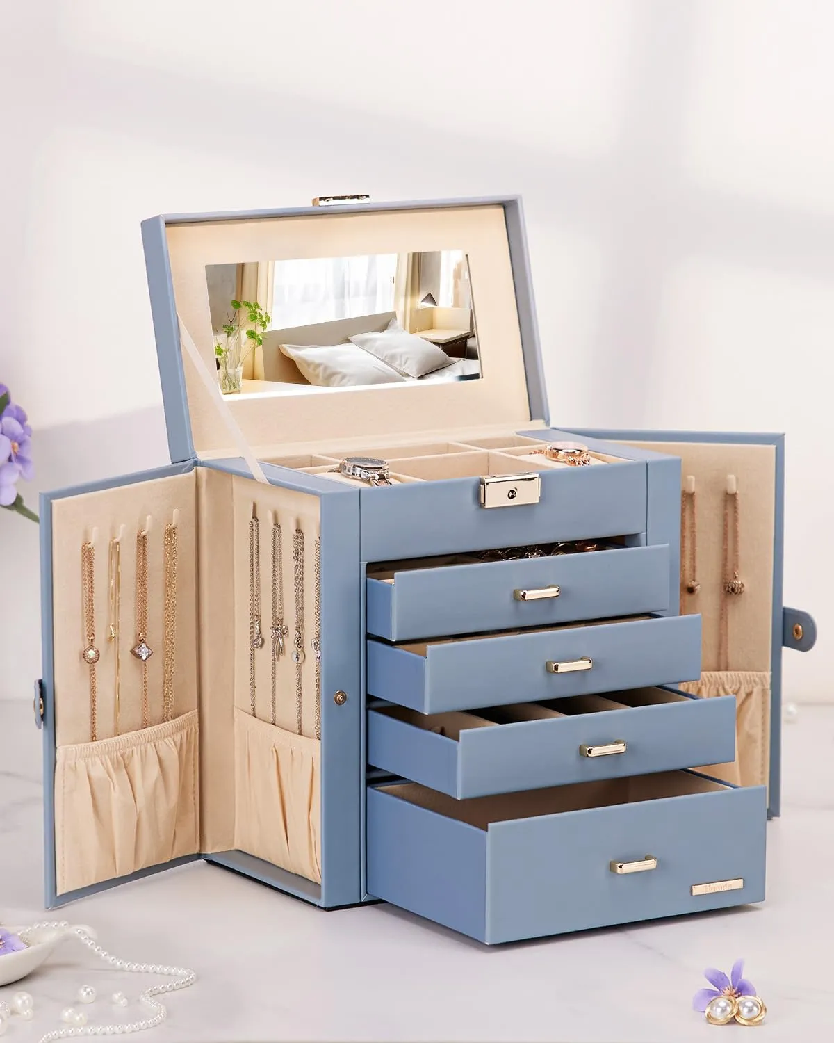 Homde Mother's Day Gifts Synthetic Leather Huge Jewelry Box Mirrored Watch Organizer Necklace Ring Earring Storage Lockable Gift Case (Grey Blue   Gold)