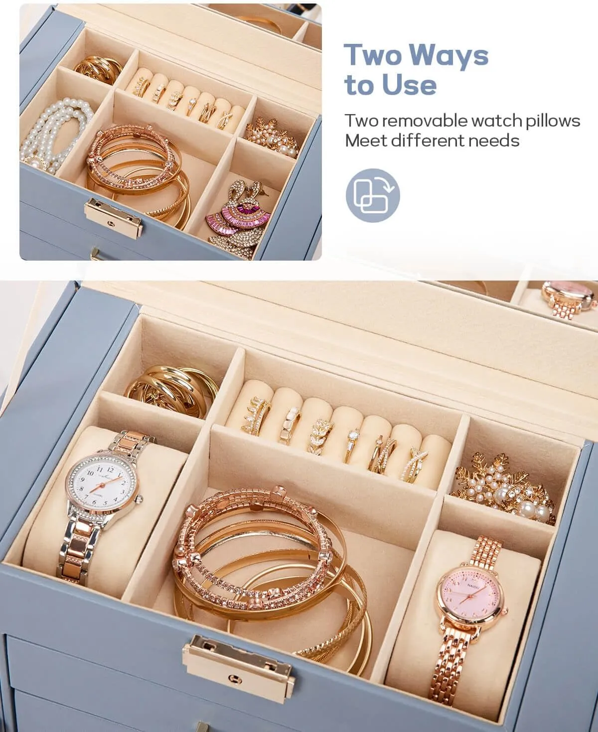Homde Mother's Day Gifts Synthetic Leather Huge Jewelry Box Mirrored Watch Organizer Necklace Ring Earring Storage Lockable Gift Case (Grey Blue   Gold)