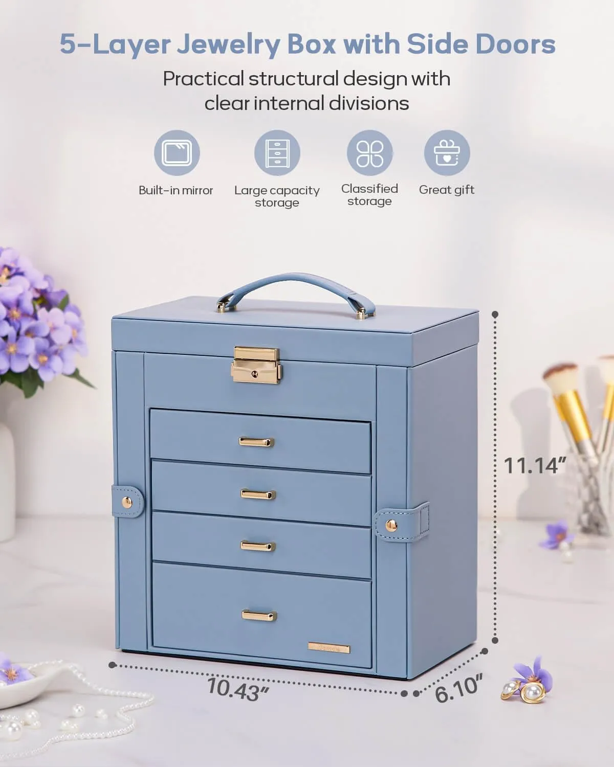 Homde Mother's Day Gifts Synthetic Leather Huge Jewelry Box Mirrored Watch Organizer Necklace Ring Earring Storage Lockable Gift Case (Grey Blue   Gold)