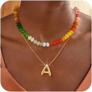 Honsny Beaded Necklaces for Women Set Bubble Letter Necklace Gold Layered Dainty Colorful Gemstone Choker Necklace 14K Gold Plated Initial Necklaces for Women Natural Stone Handmade Jewelry Gifts