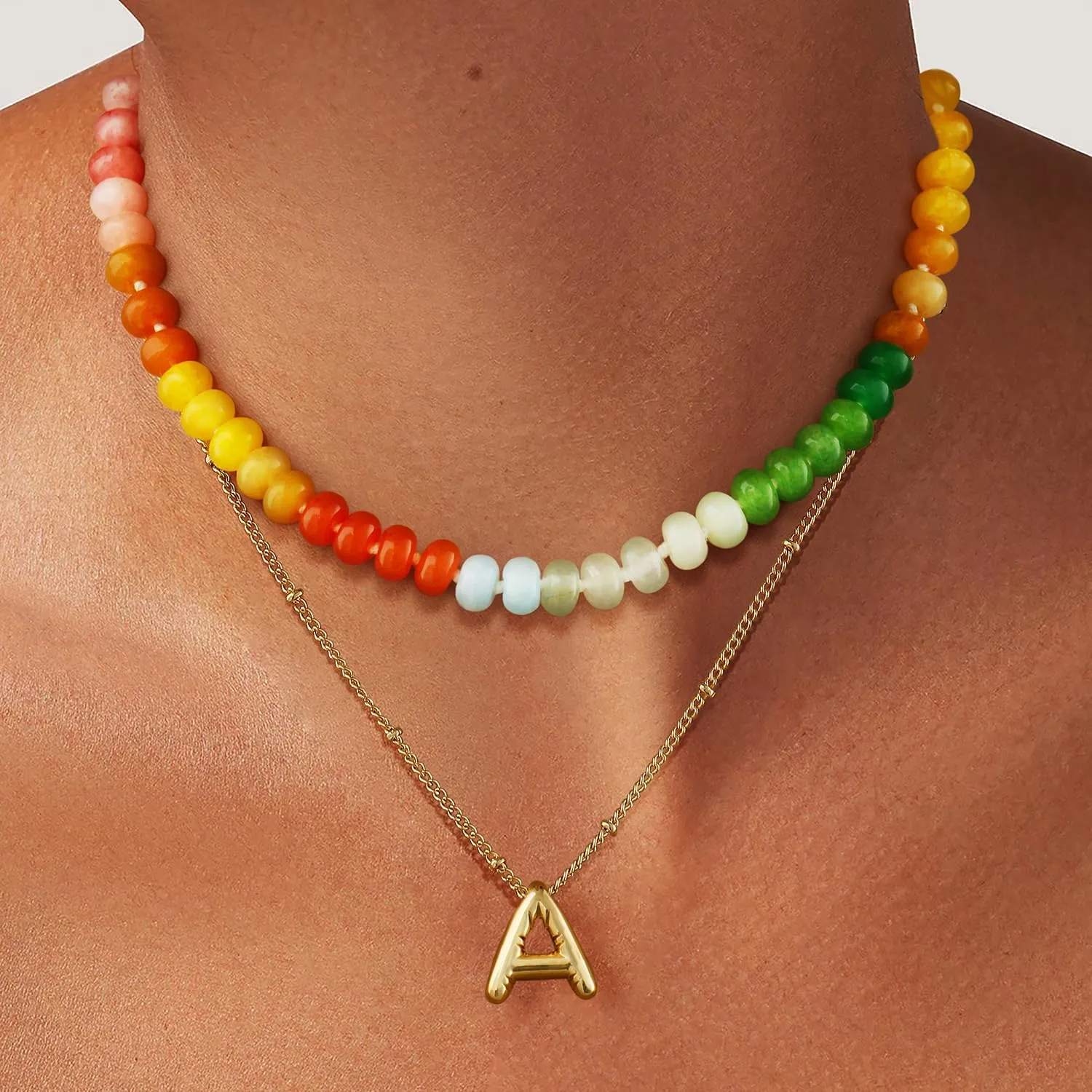 Honsny Beaded Necklaces for Women Set Bubble Letter Necklace Gold Layered Dainty Colorful Gemstone Choker Necklace 14K Gold Plated Initial Necklaces for Women Natural Stone Handmade Jewelry Gifts