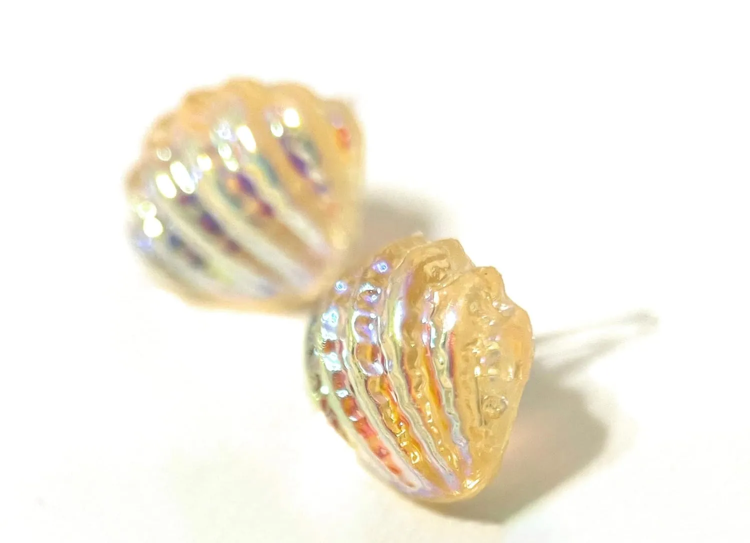 Hypoallergenic Holographic Sea Shell Stud Earrings on Plastic Posts (Yellow)