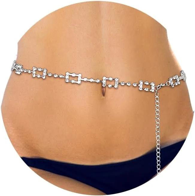 HZMAN Rectangular Water Drill Waist Chain for Women Chain Dress Belt Shiny Wedding Rhinestone Body Chain Accessories 32'' 14''