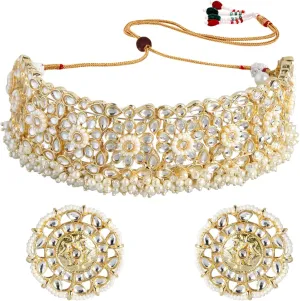I Jewels Gold Plated Indain Wedding Bollywood Kundan & Pearl Studded Choker Necklace Jewellery Set For Women (K7208)