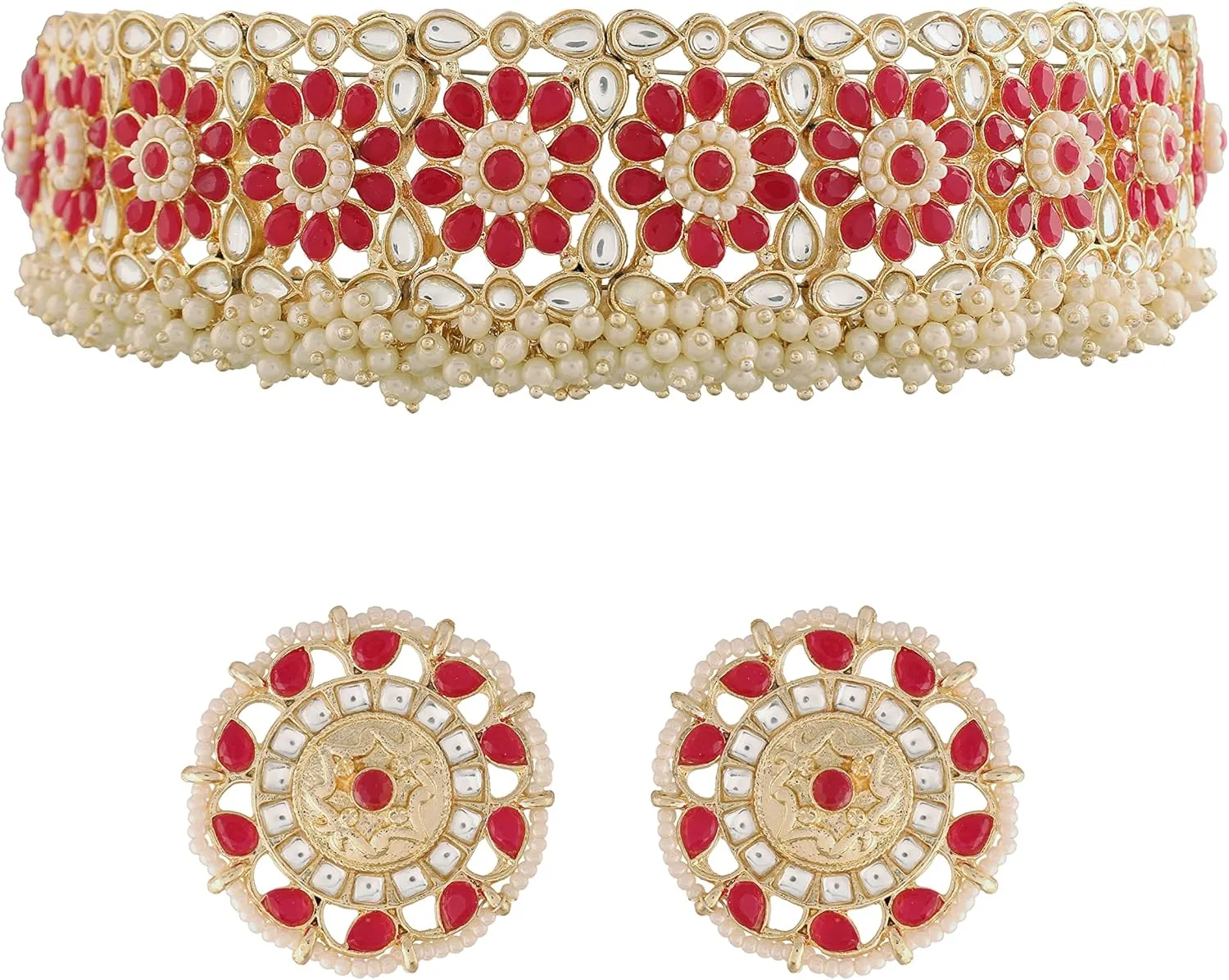 I Jewels Gold Plated Indain Wedding Bollywood Kundan & Pearl Studded Choker Necklace Jewellery Set For Women (K7208)