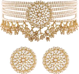 I Jewels Gold Plated Indian Bollywood Kundan Pearl Beads Designer Choker with Earrings For Women (K7097)