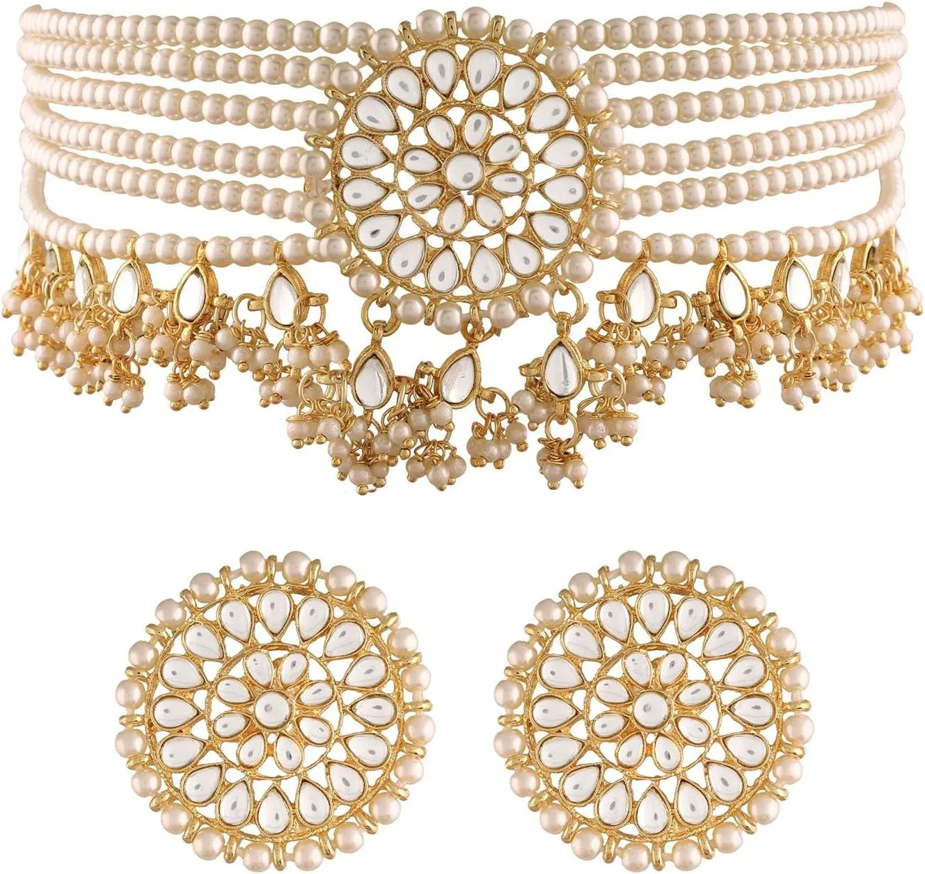 I Jewels Gold Plated Indian Bollywood Kundan Pearl Beads Designer Choker with Earrings For Women (K7097)