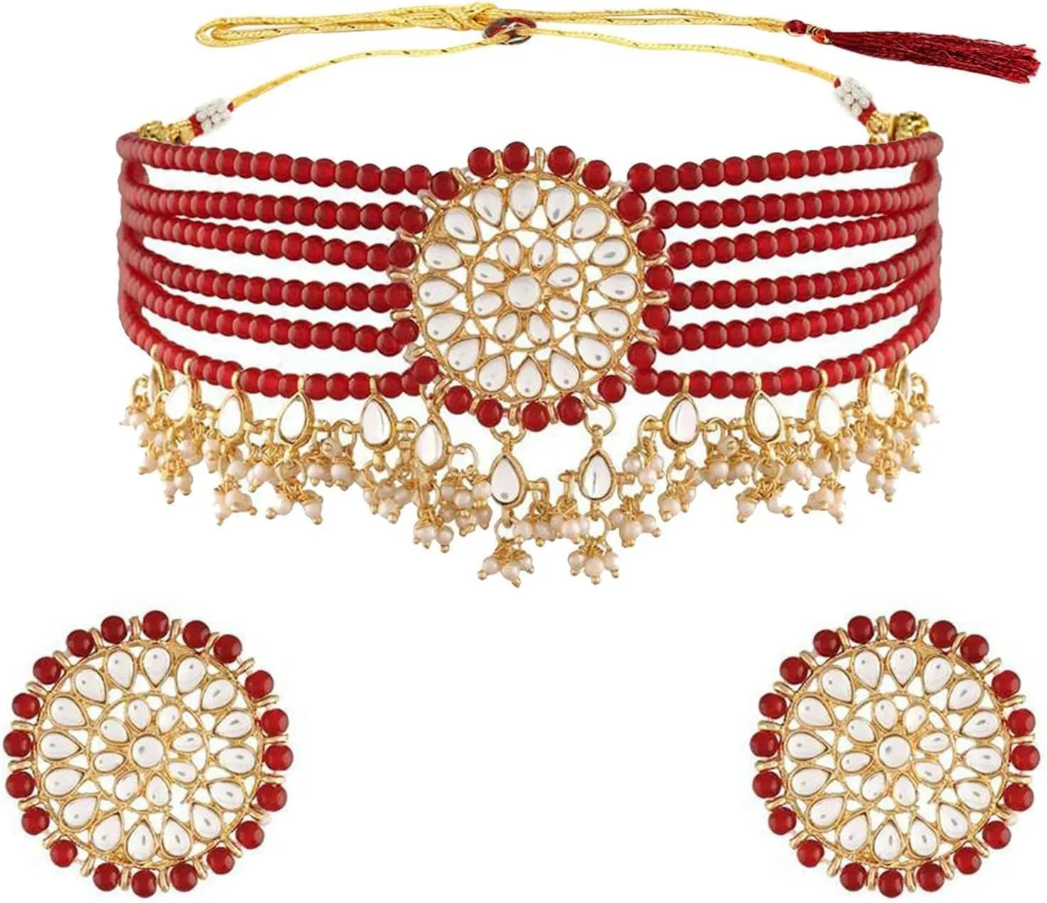 I Jewels Gold Plated Indian Bollywood Kundan Pearl Beads Designer Choker with Earrings For Women (K7097)