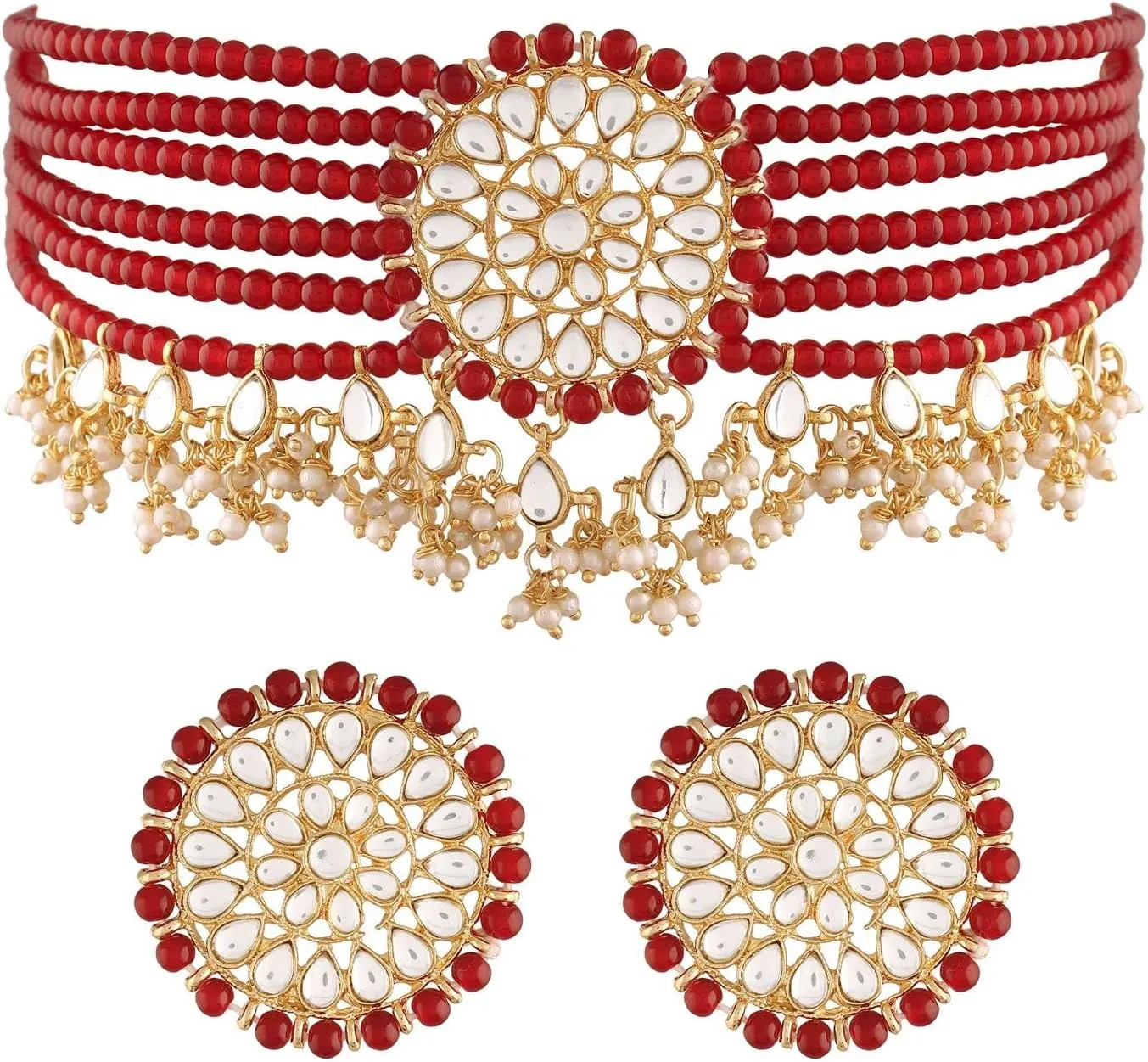 I Jewels Gold Plated Indian Bollywood Kundan Pearl Beads Designer Choker with Earrings For Women (K7097)