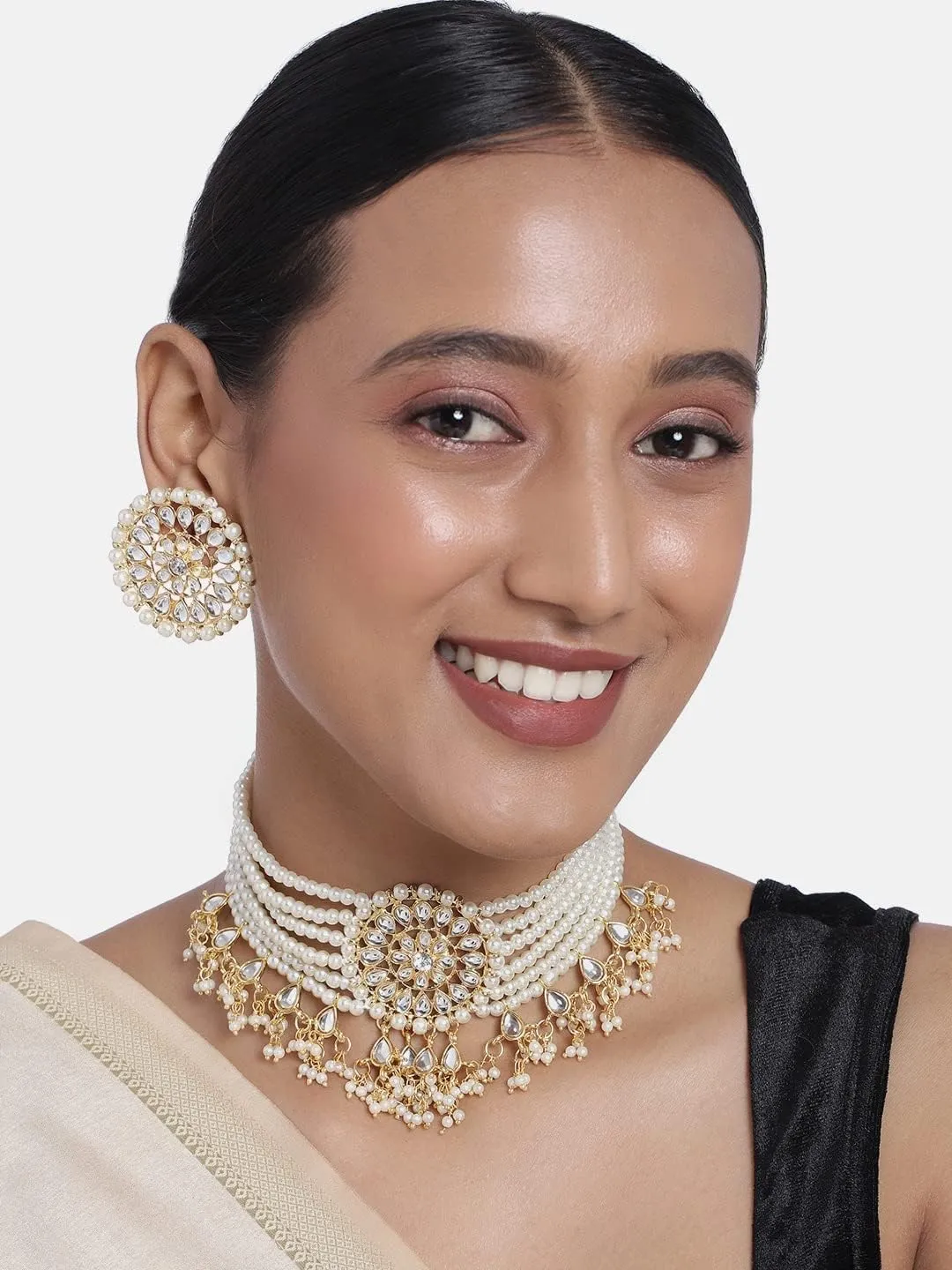 I Jewels Gold Plated Indian Bollywood Kundan Pearl Beads Designer Choker with Earrings For Women (K7097)